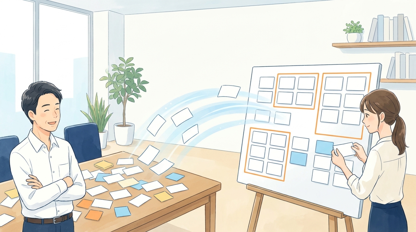 散らばっていた顧客情報が1つの台帳に整理されていく様子を表したイラスト