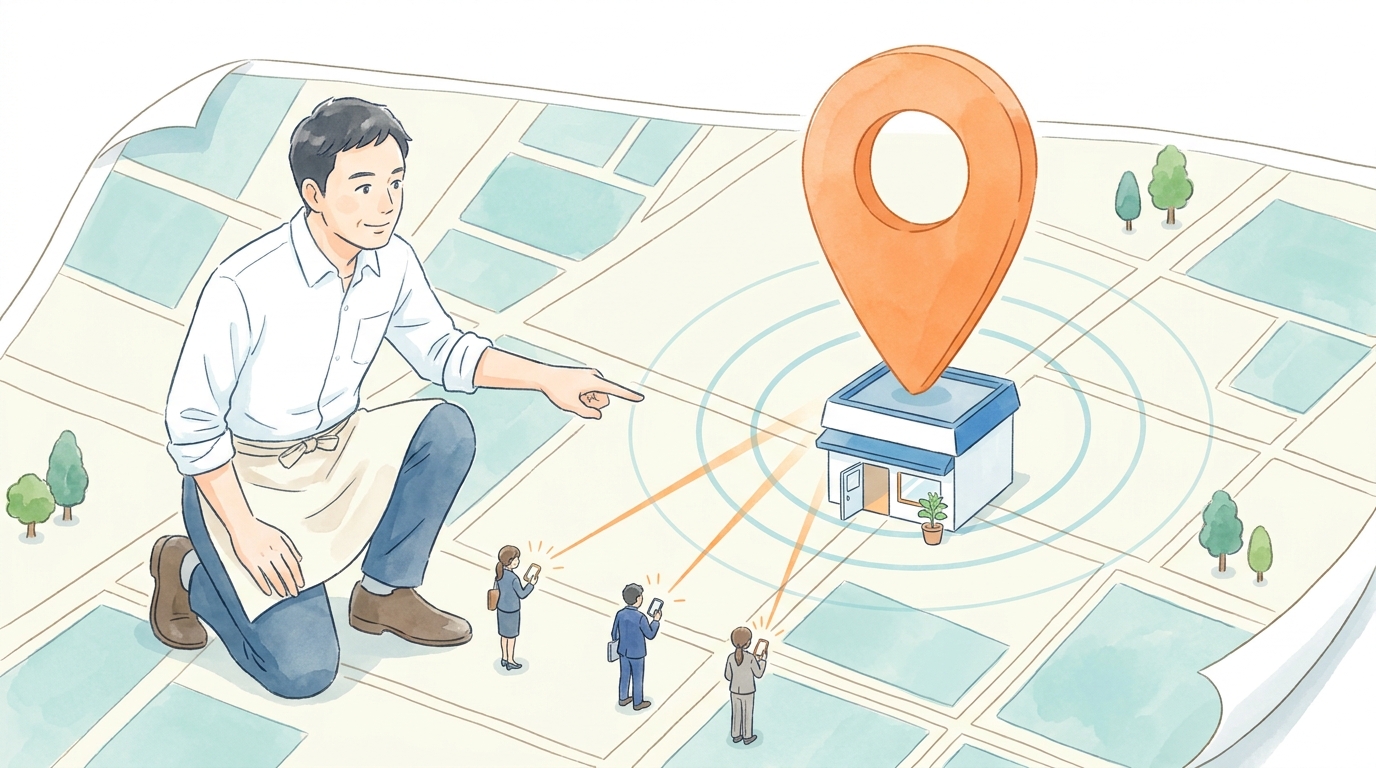 地域のお客様が地図アプリで業者を探し、地図経由で問い合わせが届く様子を表したイラスト